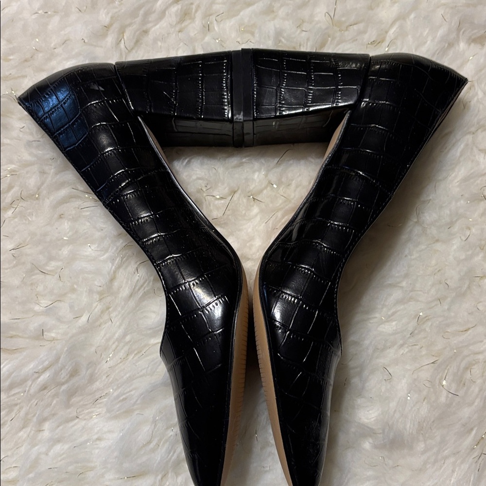 Black Croc-Embossed Block Heel Pumps Size 6